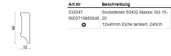 Sockelleiste Eiche massiv, naturlackiert, 2400x40x12/8mm